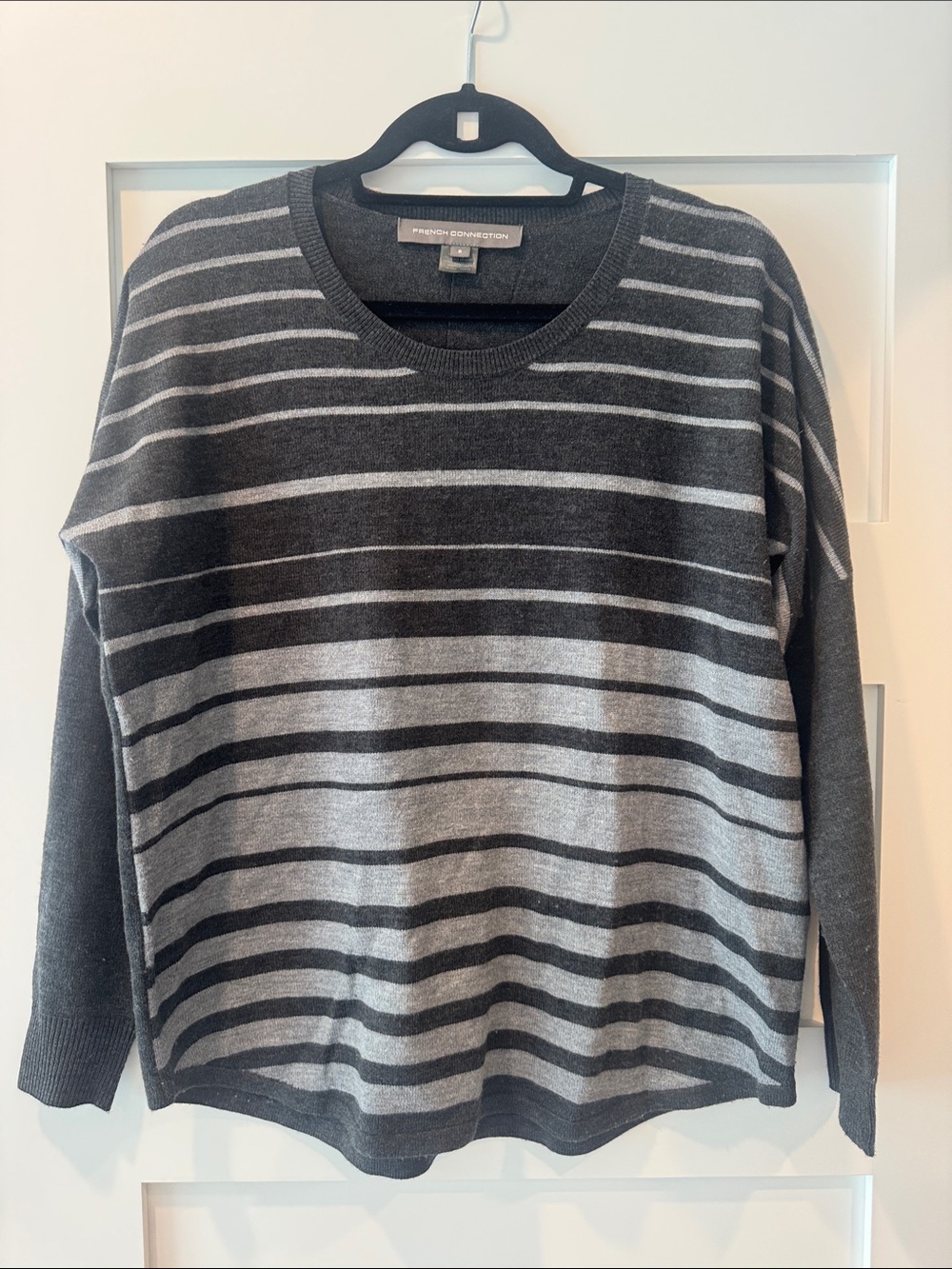 French Connection Gray & Light Gray Striped Crewneck Sweater